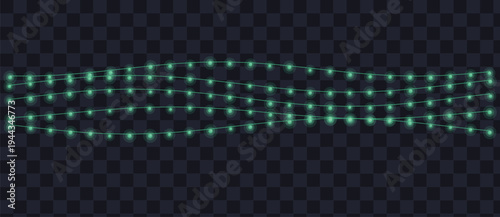 Cool cyan teal glowing string lights illuminate a dark transparent checkerboard with three wavy lines