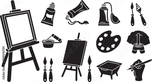 Black and white illustration of art supplies and equipment
