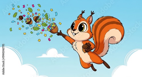 Cartoon squirrel releasing acorns and confetti in a bright sky