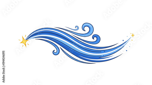 A swirling blue wave moves rapidly across the scene with golden stars.