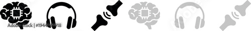 Collection of conceptual icons showcasing a brain with an integrated microchip, professional over-ear headphones, and a human joint indicating discomfort, presented in solid and hatched vector styles.