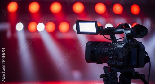 A professional video camera on a tripod in a studio with red lights