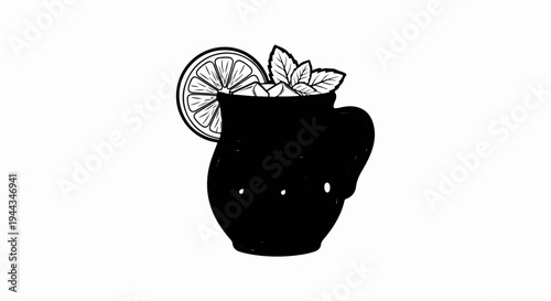 Black pitcher with ice, mint, and a lemon slice