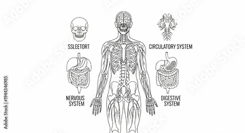 Anatomical illustration of human body systems skeletal, nervous, circulatory, digestive