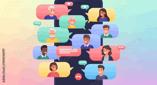 Diverse people communicating via smartphone chat bubbles, social media concept