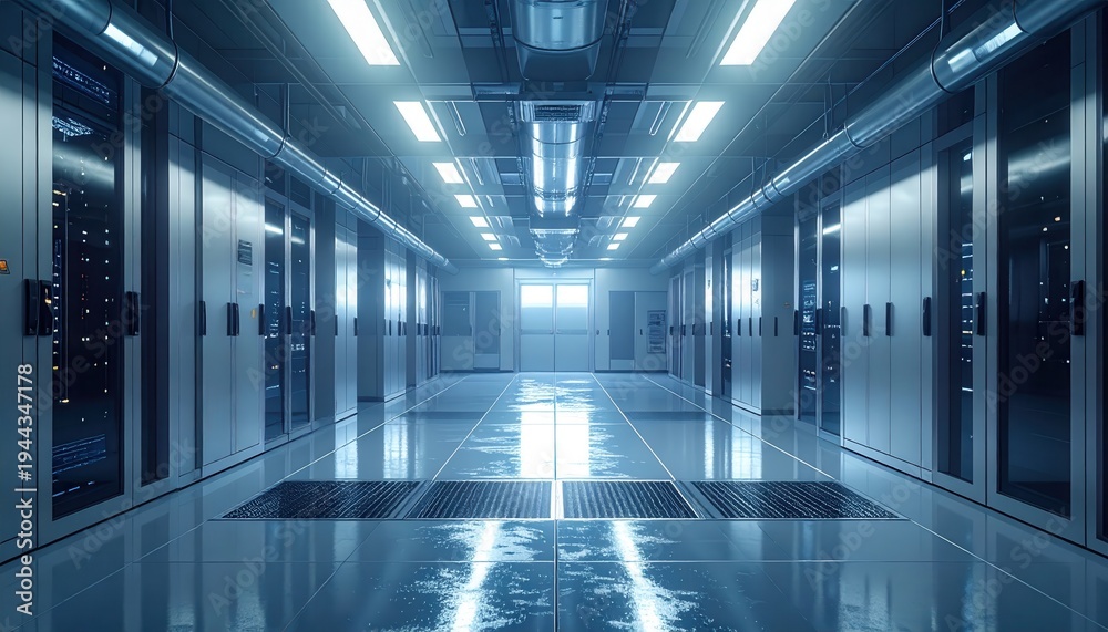Fototapeta premium Modern Data Center Interior with Server Racks and Bright Lighting