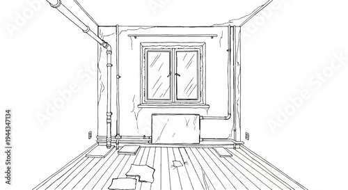 Black and white sketch of an empty, unfinished room with piping and window