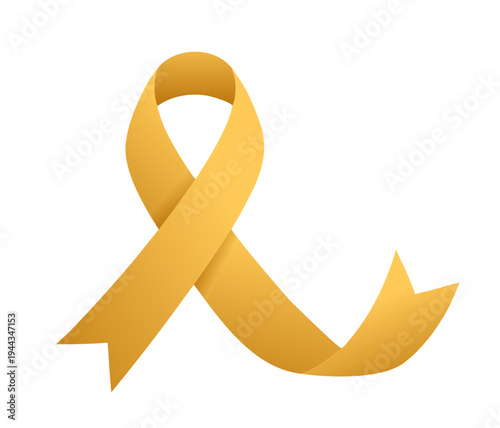 Yellow awareness ribbon with extended curved tail for awareness campaigns and events, vector isolated on transparent background
