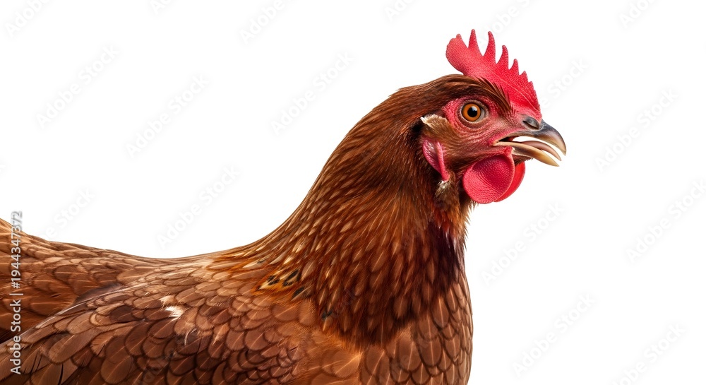 Fototapeta premium A close-up portrait of a brown chicken with a red comb and wattle.