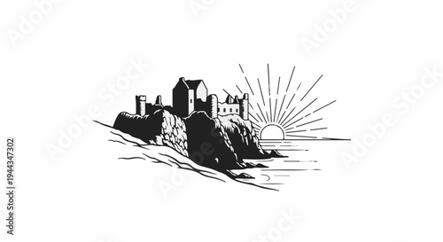 Ancient castle ruins perched on a rocky cliff overlooking the sea at sunrise