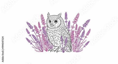 Black and white sketch of an owl amidst purple lavender blossoms