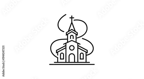 Minimalist Church Icon with Swirls - Religious Building Line Art