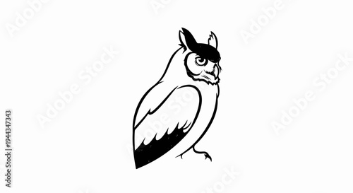 Black and white sketch of an owl with distinctive ear tufts, looking to the side