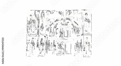 Ancient fresco style depiction of religious figures in a grand architectural setting