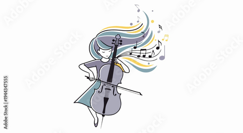Artistic illustration of a person playing cello with flowing hair and music notes