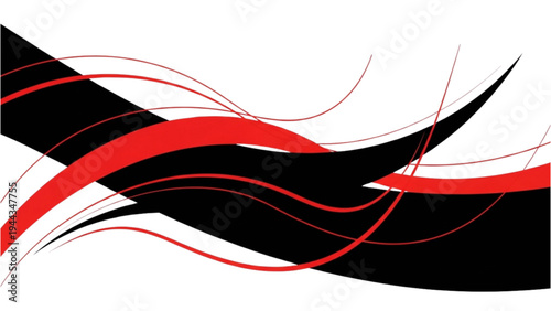 Vibrant red and black abstract lines swirl dynamically on a white background