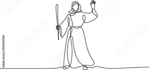 Biblical Figure Waving with Staff Continuous Line Drawing Minimalist Stock Art