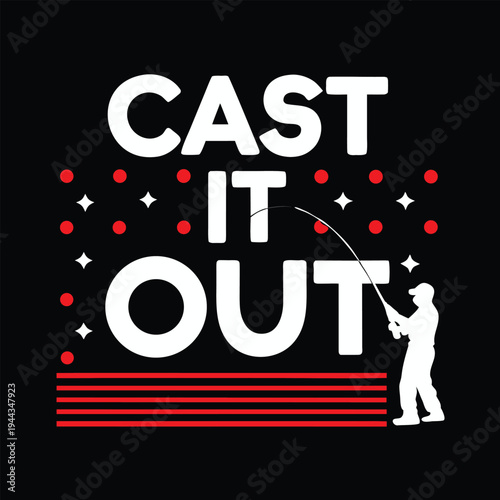 Silhouette of a fisherman casting, rendered in white with red accents, set against black backdrop