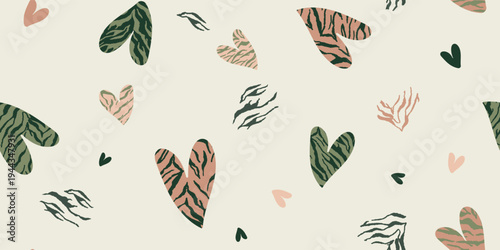 Cute Zebra Stripe Hearts Seamless Pattern in Green and Peach Tones for Nursery Decor Scrapbook Paper Wrapping Paper and Fashion Textile