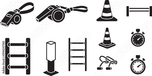 Construction site safety icons and equipment symbols set