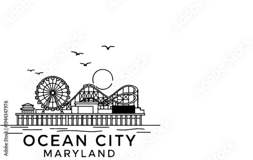 Boardwalk pier with Ferris wheel, roller coaster, and seagulls under a partial sun