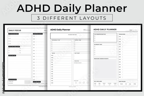 ADHD Daily Planner Vector Illustration, Printable Neurodiversity Focus Organizer, Executive Function Support and Habit Tracker Interior Template