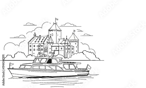 Boat sailing past a castle with flags flying