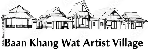 Black and white sketch of traditional village buildings with a large font text below
