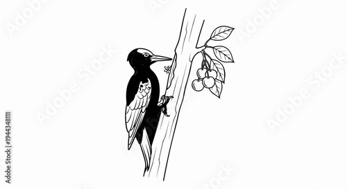 Black and white illustration of a woodpecker on a tree with cherries