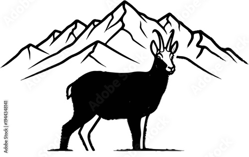 Black silhouette of a chamois on rocky mountain backdrop