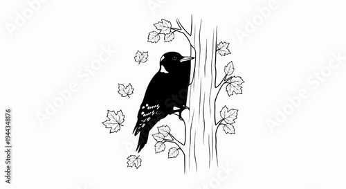 Black and white illustration of a woodpecker clinging to a tree with leaves
