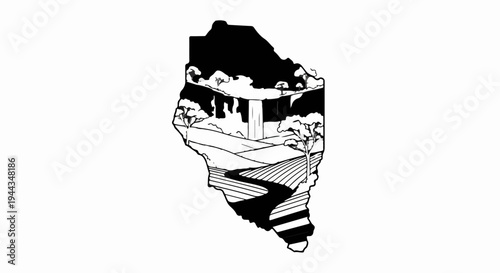 Artistic outline depicts a mountainous waterfall, trees, and fields