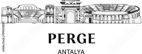 Ancient ruins and amphitheater silhouette with city name below