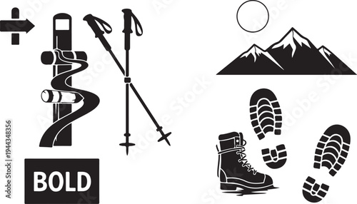 Hiking and trekking icons and travel symbols in black