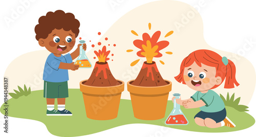 Children conduct science experiment with erupting volcanoes in pots
