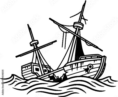 An old, broken ship listing precariously in rough seas