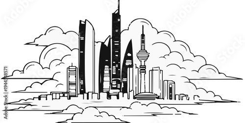 Black and white stylized skyline with modern skyscrapers emerging from clouds
