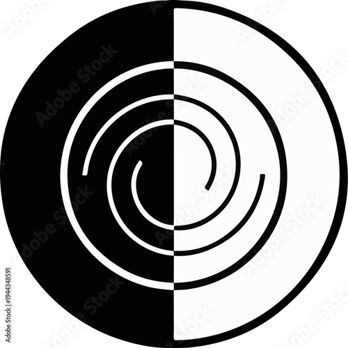 Black and white symmetrical spiral halves forming a circle