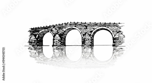 An old stone aqueduct with arches reflected in still water