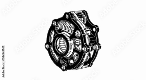 Black and white technical illustration of a mechanical component with gears and springs