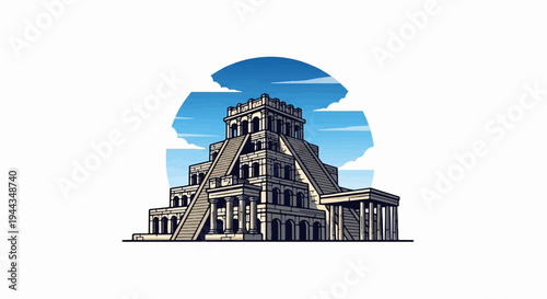 Ancient stone pyramid with many steps and columns, against sky