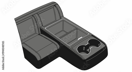 Black automotive center console with cup holders and storage