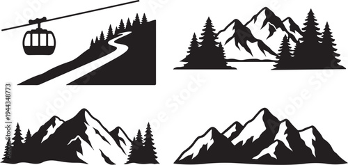 Mountain Landscape Silhouettes with Cable Car and Pine Trees