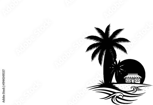 Black silhouette of a tropical beach scene with palm trees, a building, and ocean waves