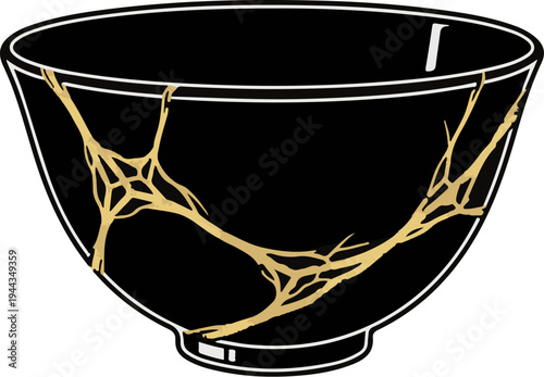 Black bowl with gold kintsugi repair lines and white rim