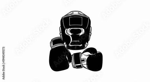 Black boxing headgear and gloves on white background, graphic illustration