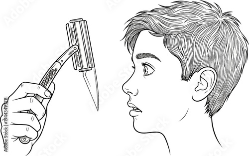 Boy's startled face and hand holding a razor, sketch style