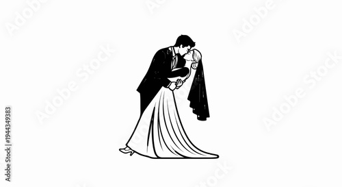 Bride and groom kissing, elegant wedding attire, classic romance scene