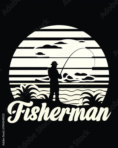 Fisherman silhouette casts his line in the water under a setting sun graphic