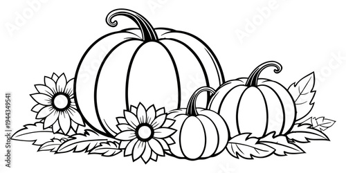 Three pumpkins and a large pumpkin with flowers and leaves on a white background